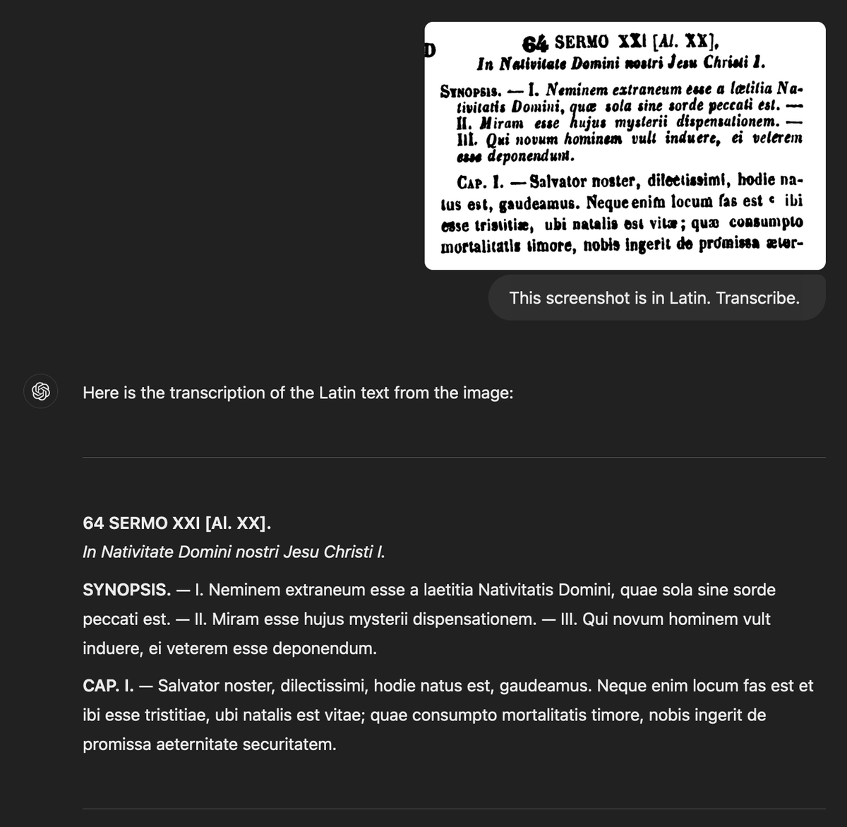 Mallioch's tweet photo. Just for fun, today I checked to see if Chatgpt could transcribe some Migne for me. Very cool, but note the hallucination at the end. Untrustworthy but useful. https://t.co/z8eMRqGSD3