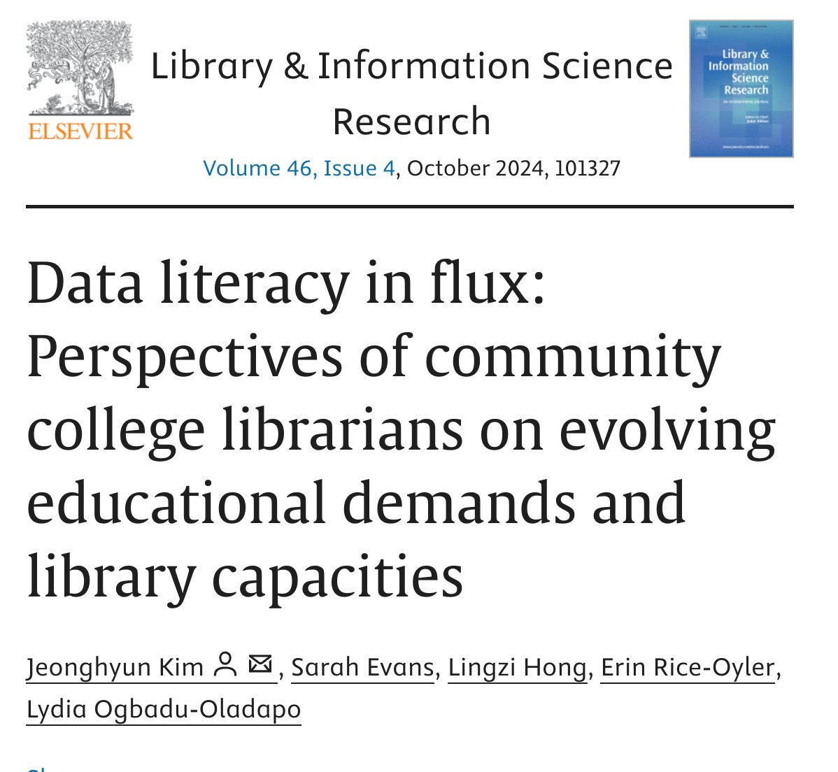 NEW Journal Article: "Data Literacy in Flux: Perspectives of Community College Librarians on Evolving Educational Demands and Library Capacities" (Abstract/Snippets Only) ow.ly/yHV950Ui9lS