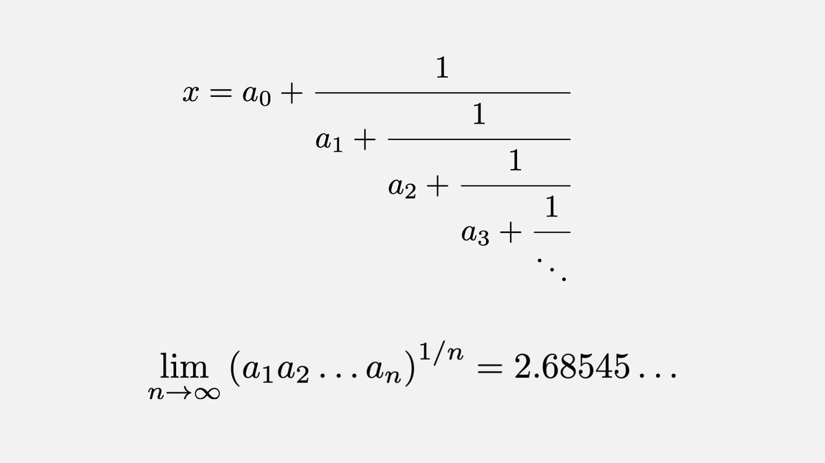fermatslibrary's tweet image. For almost all real numbers, the geometric mean of the coefficients of their continued fraction is about 2.685