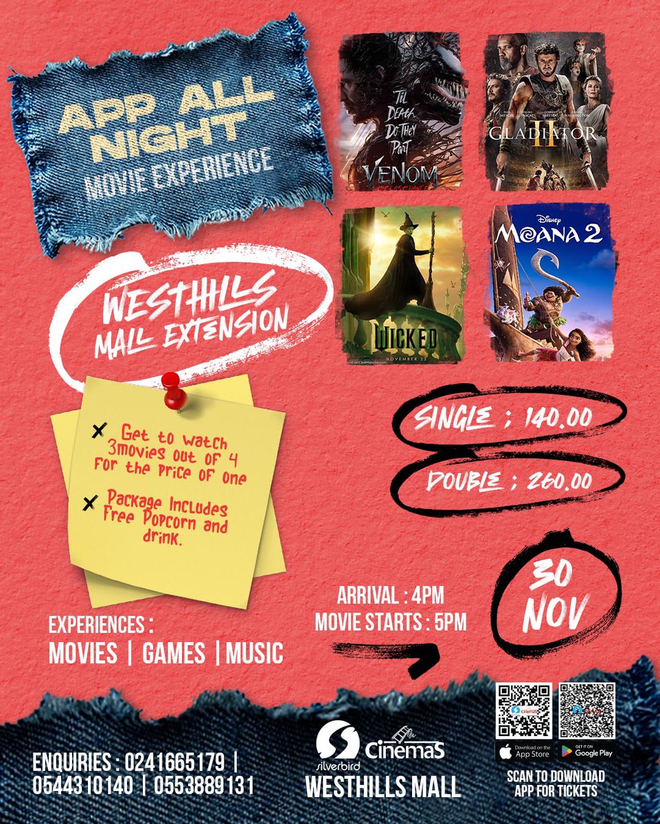 SilverbirdGhana's tweet image. Very limited offer‼️‼️‼️‼️

Kindly note that tickets purchased cannot be REDEEMED at Accra Mall 

Download the Silverbird Cinemas App now for your tickets 

#appallnight #silverbirdcinemas #westhills