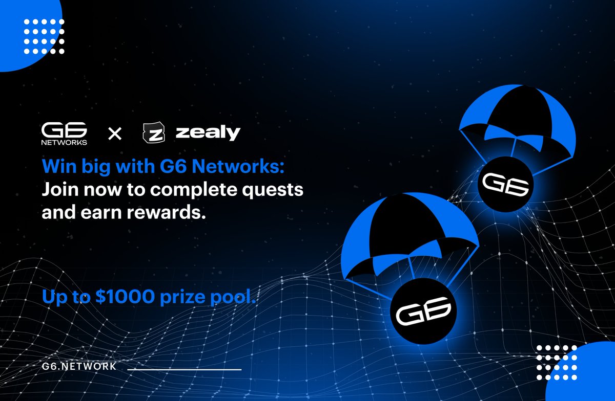 LifeInGen6's tweet photo. G6 Networks Zealy Sprint Kickoff 🔥

Complete quests ---> Earn epic rewards ---> Drive DeFi innovation

💰 $1000 up for grabs

Reward Structure 👇
🔸 #1: 150 USD
🔸 #2 & #3: 75 USD each
🔸 #4 & #5: 50 USD each
🔸 #6 - #15: 25 USD each
🔸 #16 - #50: 10 USD each

🗓️ NOW - 29th December, 2024

Ready to level up? Let the sprint begin!

🔗 https://t.co/GX87D685T9