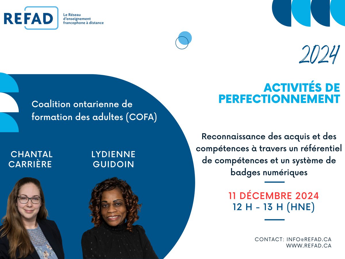 REFAD (@_refad) on Twitter photo Reconnaissance des acquis et des compétences à travers un référentiel de compétences et un système de badges numériques
📅 11 décembre 2024
⏰ 12 h à 13 h (HNE)
🗣️ Chantal Carrière et Lydienne Guidoin <a href="/La_COFA/">Coalition ontarienne de formation des adultes</a>
Inscriptions: outlook.office365.com/owa/calendar/R… Reconnaissance des acquis et des compétences à travers un référentiel de compétences et un système de badges numériques
📅 11 décembre 2024
⏰ 12 h à 13 h (HNE)
🗣️ Chantal Carrière et Lydienne Guidoin <a href="/La_COFA/">Coalition ontarienne de formation des adultes</a>
Inscriptions: outlook.office365.com/owa/calendar/R…