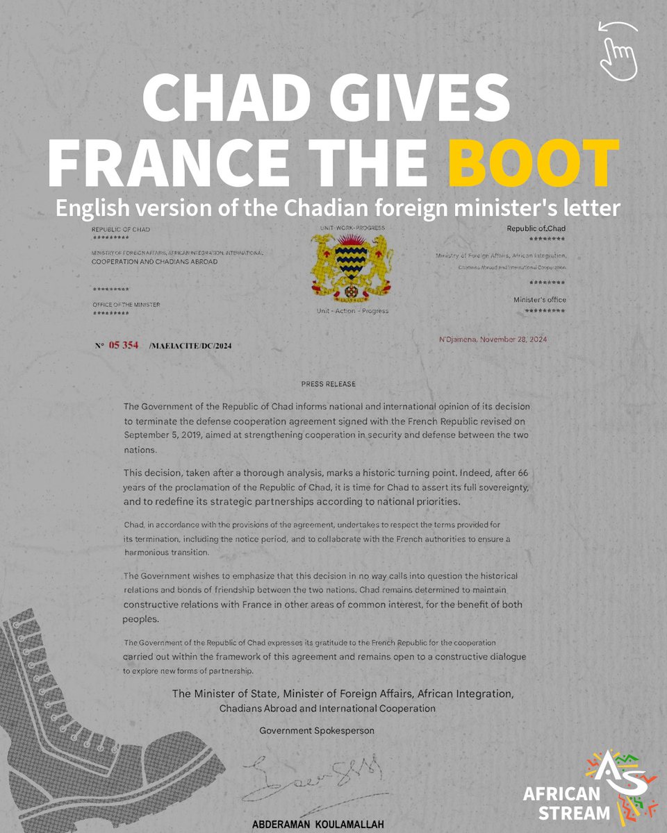 Chad gives France the Boot

Chad has become the latest African state to end a defence cooperation pact with former coloniser France. 

In a Foreign Ministry statement issued on 28 November, the country straddling the Sahara Desert and the arid Sahel region announced the