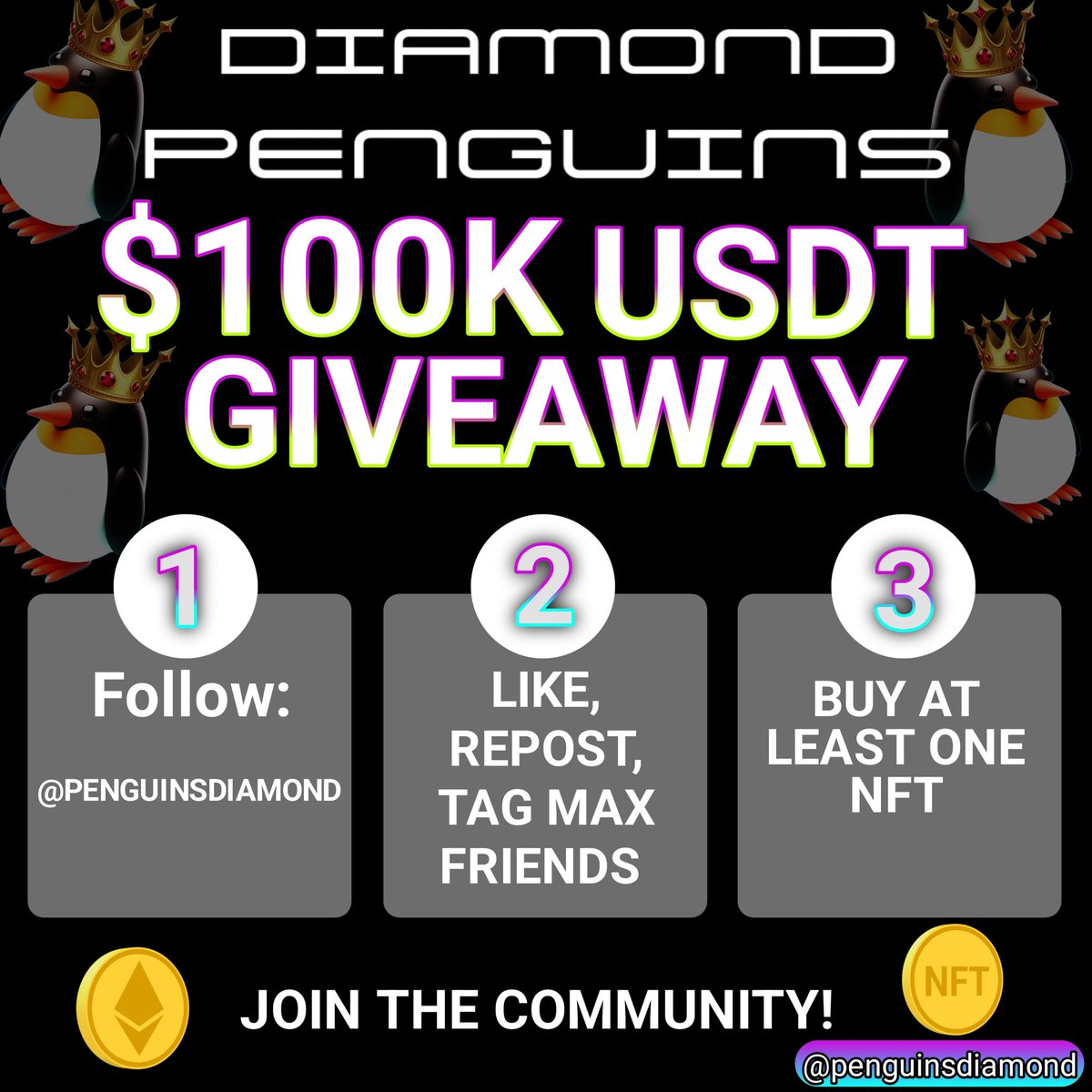 🚨Win 100,000k USDT in 3 simple steps!🐧💎
Step1️⃣:Buy at least one NFT Just $50
Let's Go!➡️ opensea.io/collection/dia…
Step 2️⃣:Like, repost, and tag as many friends as possible in the comments. The more friends you tag, the higher your chances!
Step 3️⃣:Follow us
#NFTs #OpenSea