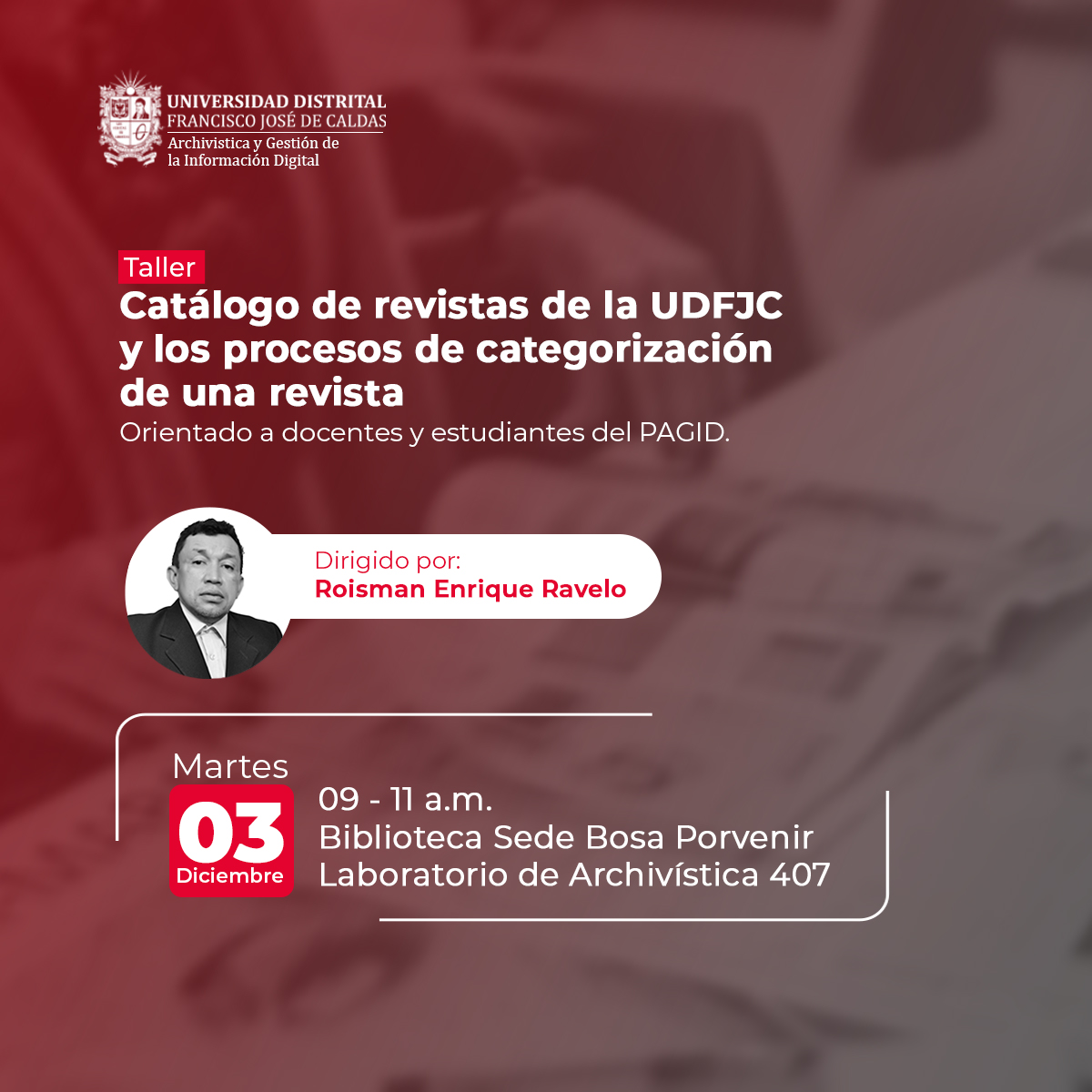 udistrital's tweet photo. #EventosUD || ¡Es hoy! 🥸Aprende sobre nuestro catálogo de revistas y el proceso de categorización. 📝
¡Te esperamos!
🗓️3 de diciembre
⏰9 a.m. a 11: a.m.
📍Biblioteca Sede Bosa Porvenir. https://t.co/QkVhqCq4X0
