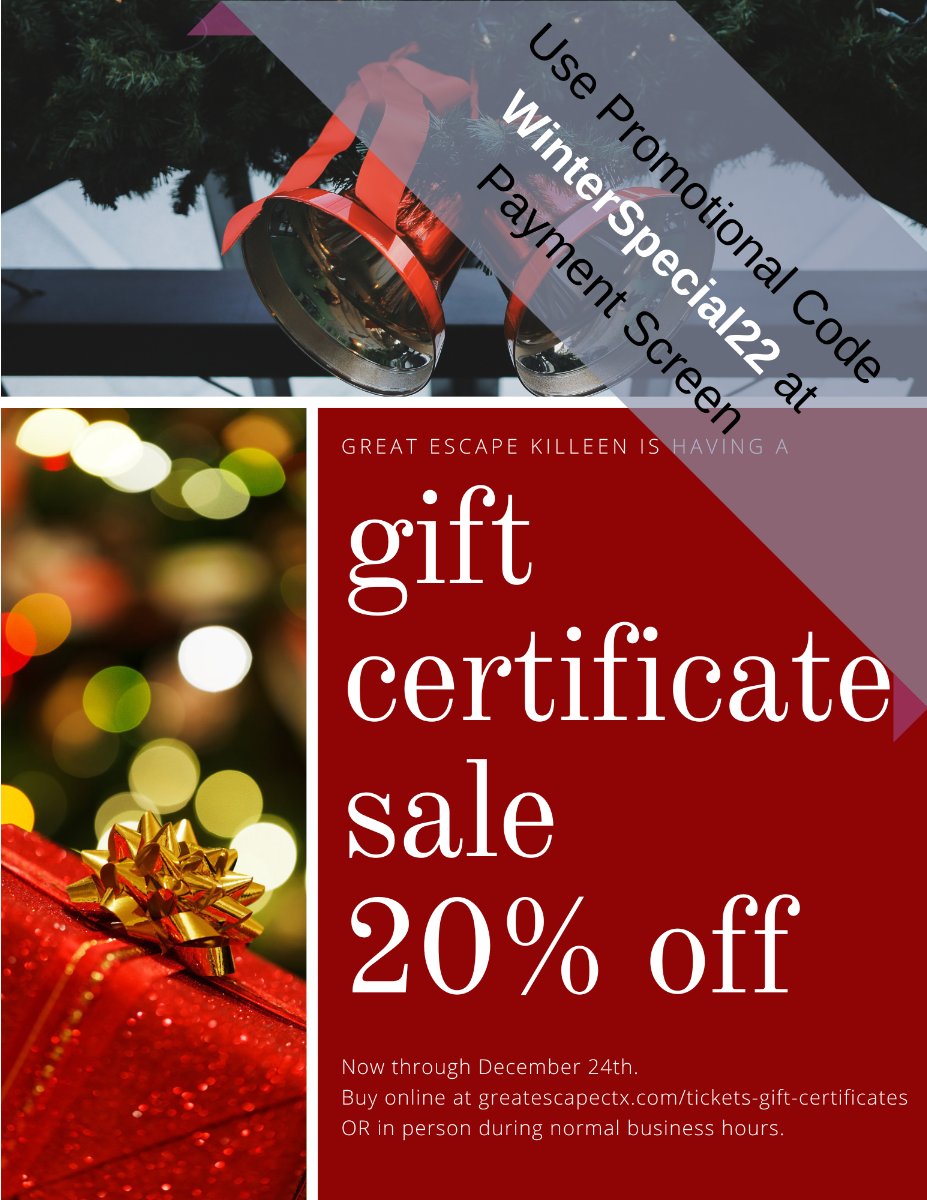 CtxEscape's tweet photo. Gift Certificate Sale Starts TODAY! - https://t.co/MmNlnaTTpb https://t.co/ITdTgQS9w0