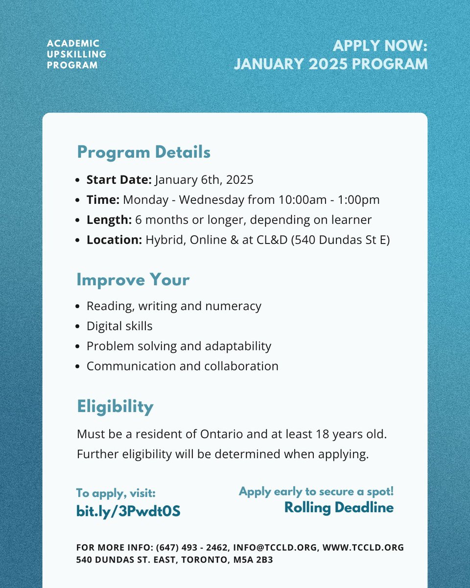 Register today for the Academic Upskilling Program (AU) starting January 2025!
 
AU is a FREE program providing adults with support to improve reading, writing, numeracy, communication, and digital technology skills.
 
🔗 Learn more &amp; apply at tccld.org/academic-upski…