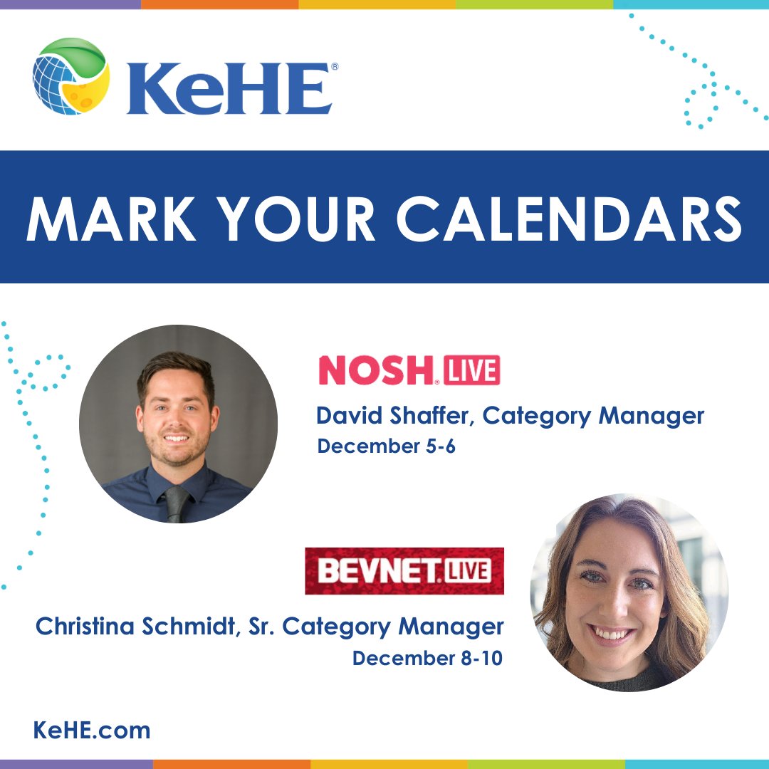 KeHEUS's tweet image. #KeHE is gearing up for an exciting December! 🎉

📍 David Shaffer will attend #NOSHLive as a sponsored buyer, scouting the latest and most innovative brands! 🔗 bit.ly/4g4xmZ2

📍 Christina will speak at #BEVNet Live on 12/9 💡 Tune in: bit.ly/3CQh47N