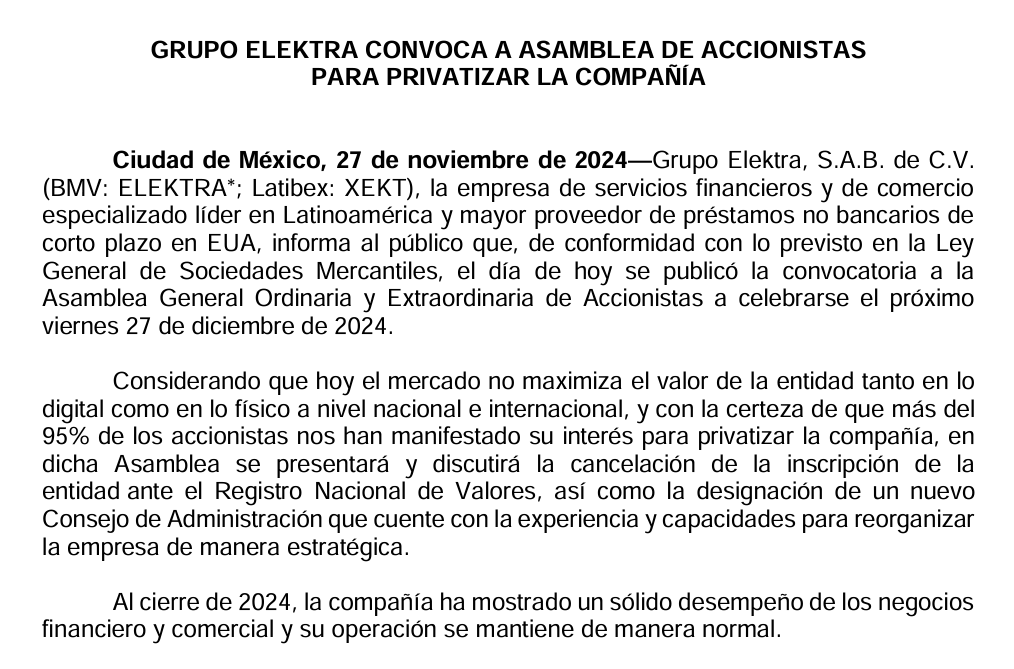 AntiTelevisaMx's tweet photo. Convoca el criminal Salinas Pliego a los accionistas de Elektra para privatizarla... luego de que cerrará sus tiendas en Perú, que la BMV sacará la cotización de sus acciones y perder el 90% del valor de la empresa. Lo advertimos con tiempo: Elektra está al borde de la quiebra.👎 https://t.co/7rrgMK73gi