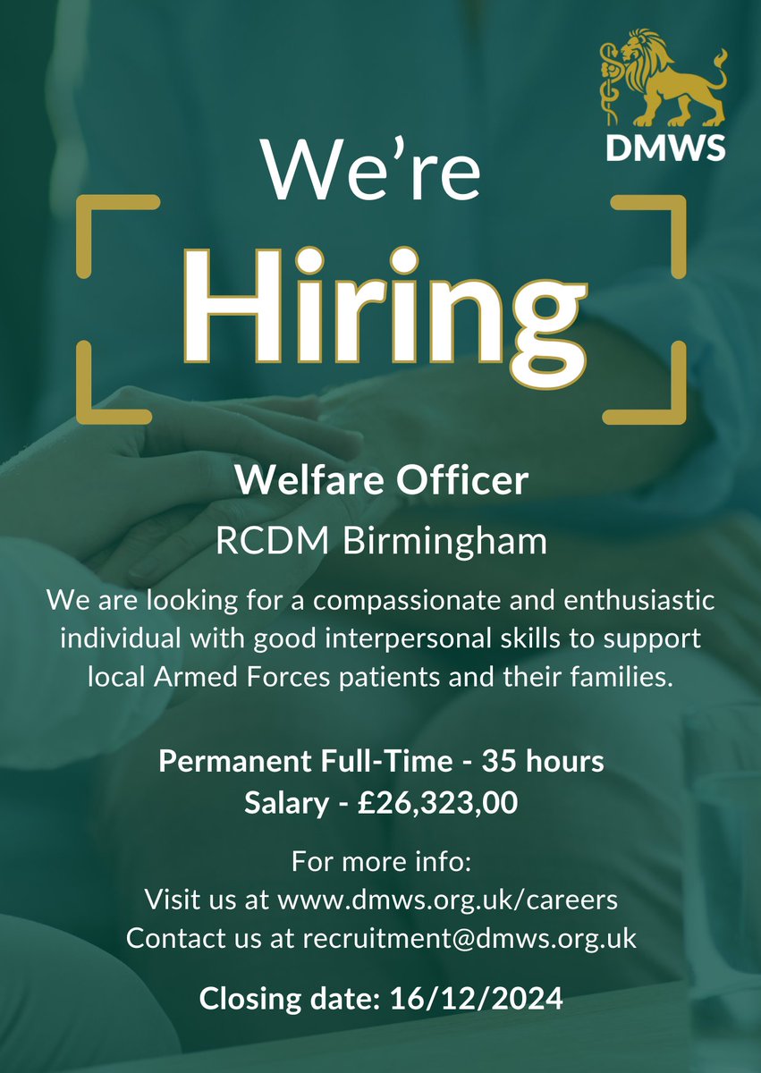 TheDMWS's tweet photo. Job Vacancy: Welfare Officer - Birmingham
An opportunity to support the Armed Forces Community in Birmingham as part of a fantastic organisation.
To apply, please visit: https://t.co/d0REf9fXim
#DMWS #supportingthefrontline https://t.co/46ssyrTDlt