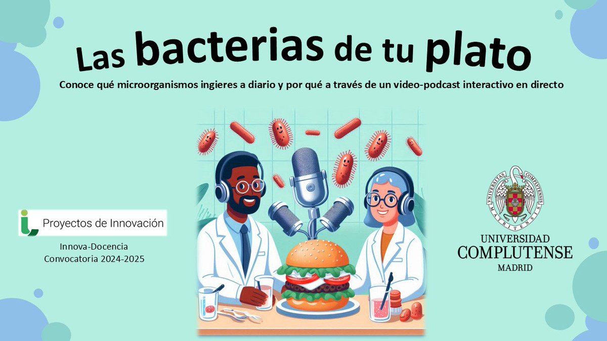UdcVet's tweet photo. 📢📢 Las bacterias de tu plato es un video-podcast desde un proyecto de innovación docente en @VeterinariaUCM, hecho por PDI y estudiantes, que tratará temas de interés actual relacionados con la Tecnología y Microbiología de los alimentos✨️

▶️Más info: https://t.co/A1ta4R6D5G https://t.co/C9kmvznKLS