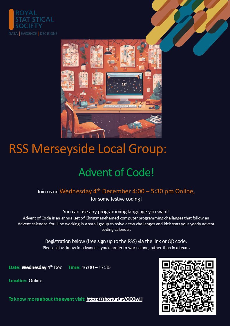 Join us on Wednesday 4th November 4-5.30pm Online for our Advent of Code event!    

For details and registration see here  👇