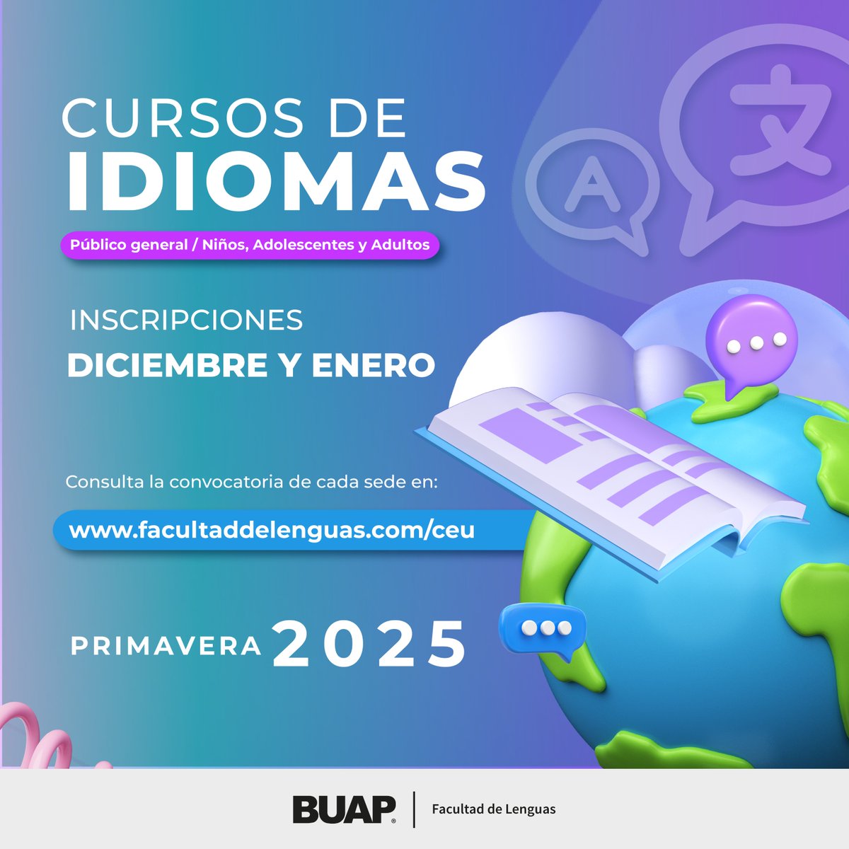 BUAPoficial's tweet photo. Aprende Inglés, Alemán, Francés, Italiano, Japonés, Portugués, Chino Mandarín o Náhuatl. 

Cursos dirigidos niñas y niños, adolescentes y personas adultas.

📆Registro en línea y recepción de documentos: del 10 al 12 de diciembre de 2024.

👉https://t.co/jnjEhTsVHy https://t.co/Mejd7fWnPF