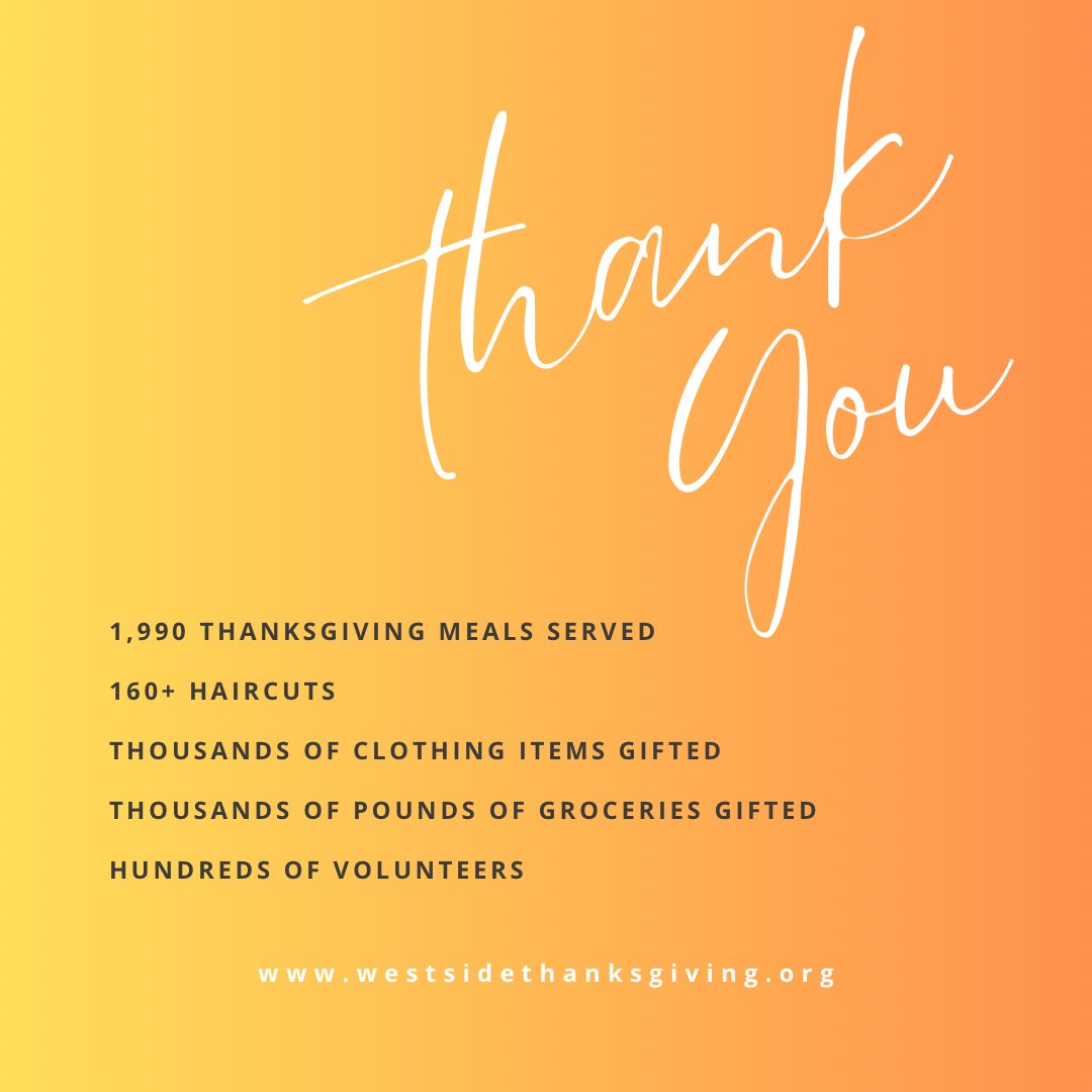 WestsideThanks's tweet photo. Thank you to all who made this year’s event a great success! Because of your donations and compassion we provided the community with a memorable Thanksgiving Day where we fed and clothed nearly 2,000 people. #communityservice https://t.co/12k3KV66QG