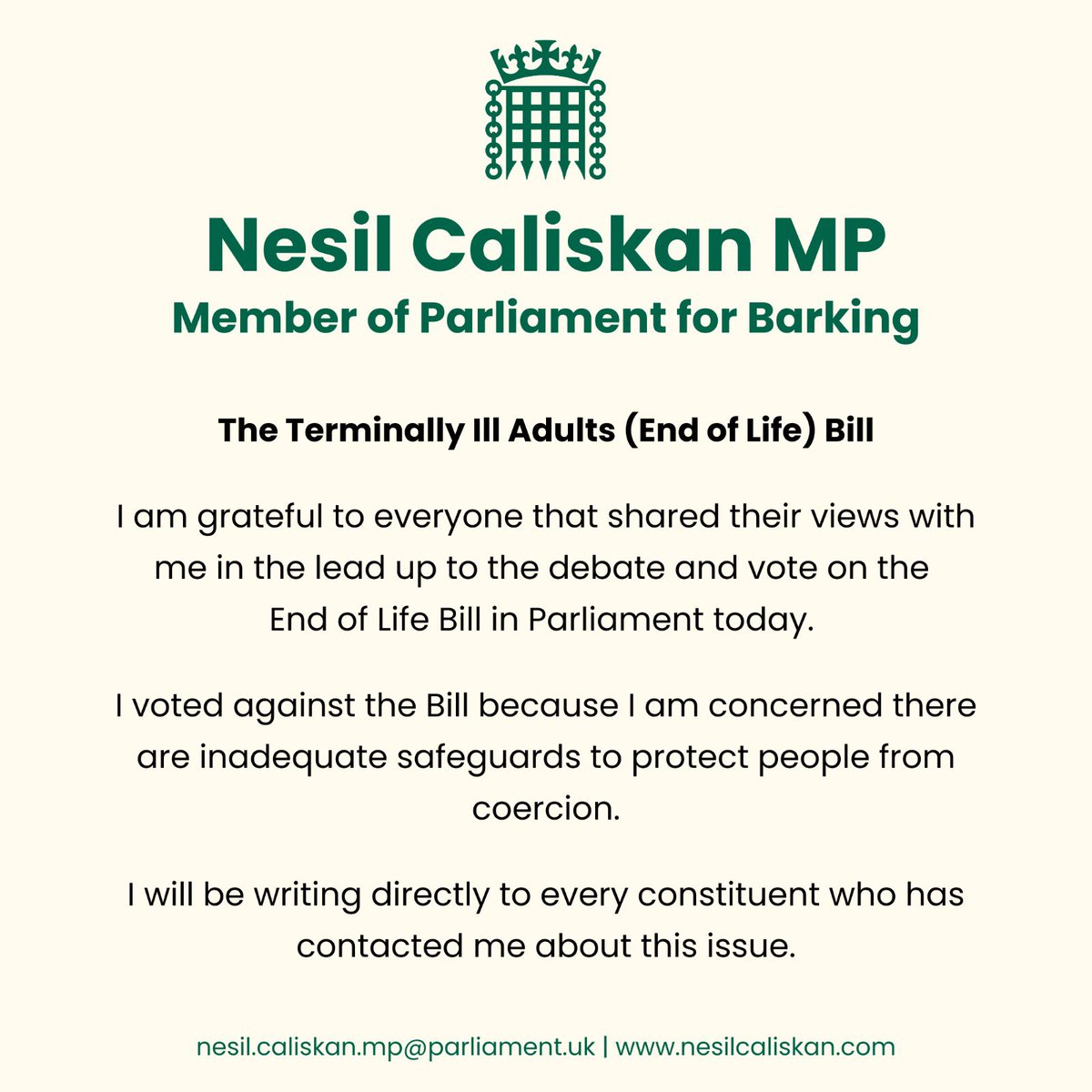 Earlier today I voted against the Terminally III Adults (End of Life) Bill.