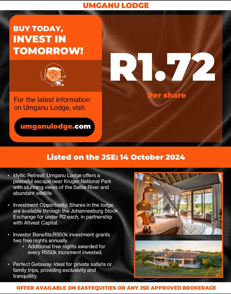 Black Friday Special: A Piece of Paradise! 

Escape to exclusivity with Umganu Lodge, now at just R1.72 per share! 

Idyllic retreat near Kruger National Park
Investor perks: Free night stays, a luxury property growing in value.

Own your share of serenity this Black Friday!