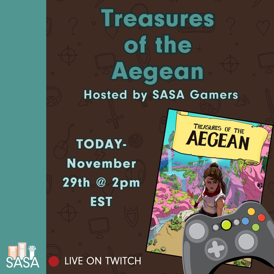 Save Ancient Studies Alliance (@ancientsave) on Twitter photo 🎮⚡Join SASA Gamers <a href="/dserranolozano/">David Serrano</a> , <a href="/Alex_Vandewalle/">Alexander Vandewalle</a> , and Dr. Kate Minniti for Archaeogaming LIVE playing Treasures of the Aegean!!
🗓️ TODAY - November 29th @ 2:00pm EDT
➡️ Watch LIVE & Subscribe on Twitch- twitch.tv/saveancientstu…
#AncientWorld #GameStudies 🎮⚡Join SASA Gamers <a href="/dserranolozano/">David Serrano</a> , <a href="/Alex_Vandewalle/">Alexander Vandewalle</a> , and Dr. Kate Minniti for Archaeogaming LIVE playing Treasures of the Aegean!!
🗓️ TODAY - November 29th @ 2:00pm EDT
➡️ Watch LIVE & Subscribe on Twitch- twitch.tv/saveancientstu…
#AncientWorld #GameStudies
