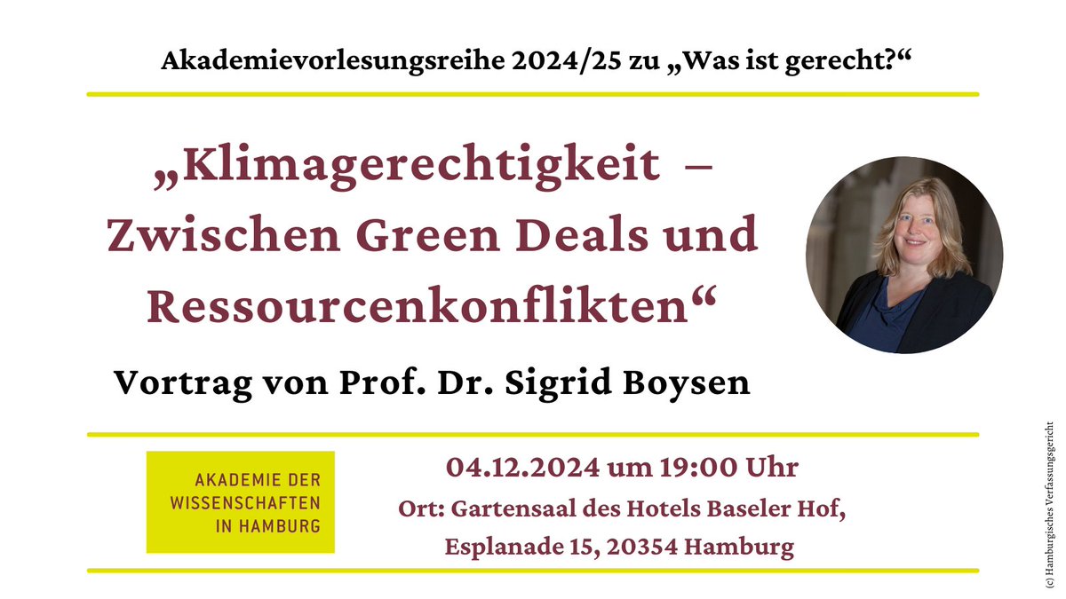 Akademie der Wissenschaften in Hamburg (@awhamburg) on Twitter photo Unsere aktuelle #Akademievorlesungsreihe startet am kommenden Mittwoch, 4.12.24, in #Hamburg: Rechtswissenschaftlerin Prof. Dr. Sigrid Boysen <a href="/HSUHamburg/">HSU Hamburg</a> spricht u.a. über #Klimagerechtigkeit, #GreenDeals + #Ressourcenkonflikte. Mehr Infos + zur Anmeldung👉🏼awhamburg.de/veranstaltunge… Unsere aktuelle #Akademievorlesungsreihe startet am kommenden Mittwoch, 4.12.24, in #Hamburg: Rechtswissenschaftlerin Prof. Dr. Sigrid Boysen <a href="/HSUHamburg/">HSU Hamburg</a> spricht u.a. über #Klimagerechtigkeit, #GreenDeals + #Ressourcenkonflikte. Mehr Infos + zur Anmeldung👉🏼awhamburg.de/veranstaltunge…