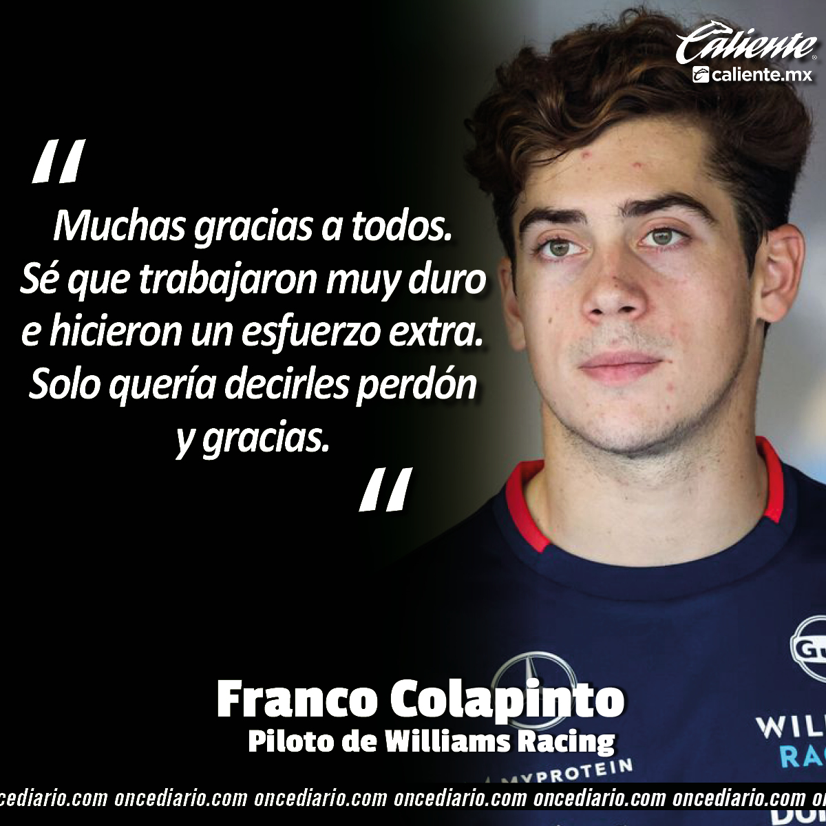 oncediariomx's tweet photo. #F1 | 🗣️ "SOLO QUERÍA DECIRLES PERDÓN Y GRACIAS"
Franco Colapinto 🇦🇷, piloto de #WilliamsRacing, compartió unas palabras con su equipo sobre el choque en el #GPdeLasVegas 🇺🇸.
#GPdeQatar | #QatarGP 🇶🇦 https://t.co/QJePr6CbT6