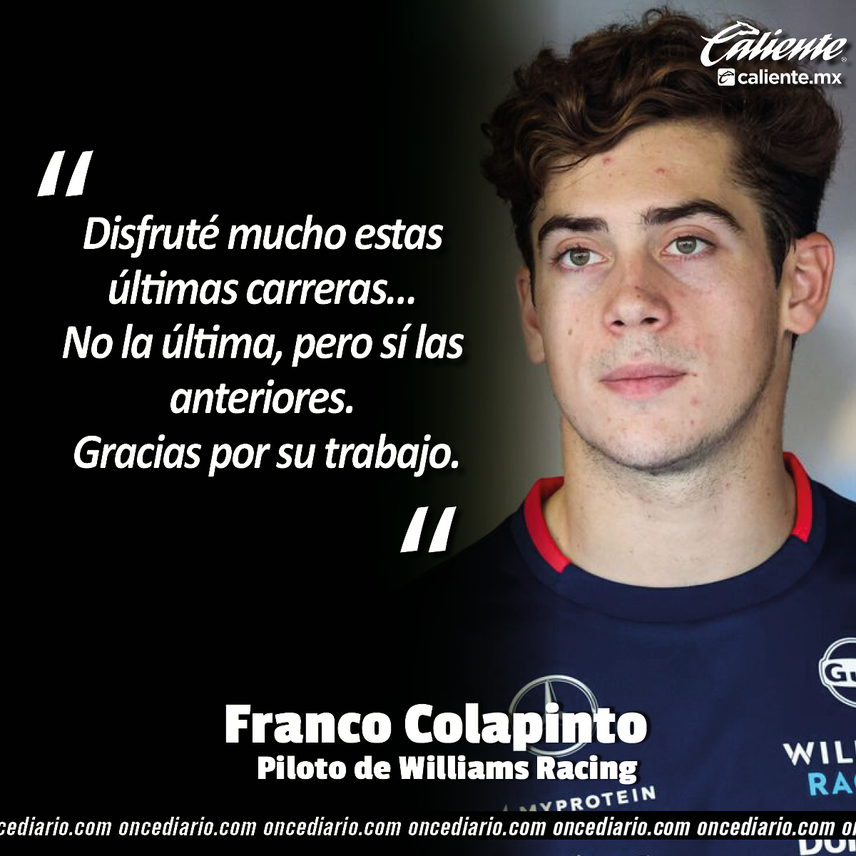 oncediariomx's tweet photo. #F1 | 🗣️ "SOLO QUERÍA DECIRLES PERDÓN Y GRACIAS"
Franco Colapinto 🇦🇷, piloto de #WilliamsRacing, compartió unas palabras con su equipo sobre el choque en el #GPdeLasVegas 🇺🇸.
#GPdeQatar | #QatarGP 🇶🇦 https://t.co/QJePr6CbT6