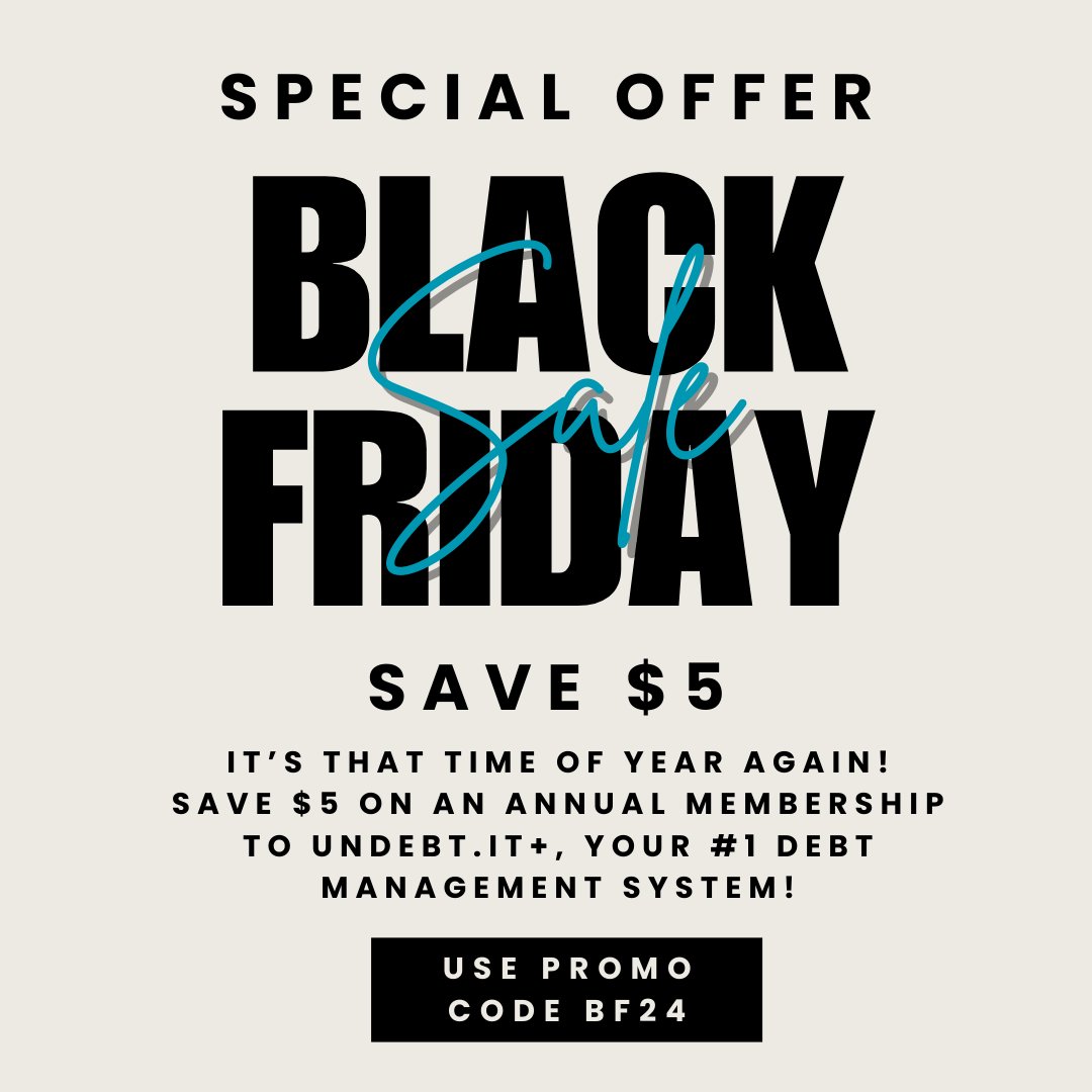 undebt_it's tweet photo. Who  doesn't love a good sale??? Use the promo code BF24 to save $5 off an  annual membership to Undebt.it+. Renew a  lapsed membership or extend your existing one. A membership gives you access to  the new https://t.co/XAeyg6eXKk tool; check it out! https://t.co/Zk6ifCRAwY https://t.co/ANBAlfiRsa