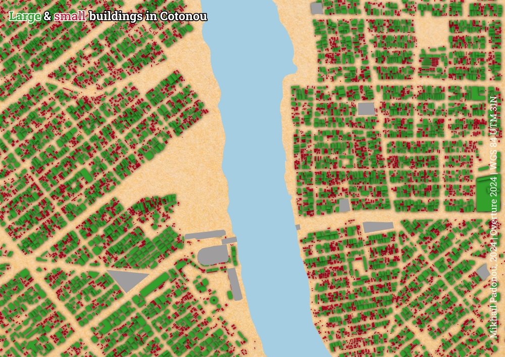 229Biodiversity's tweet photo. #30daymapchallenge Day 29: Data Overture | After getting out of my comfort zone, I managed to mobilise the impressive data of @OvertureMaps to propose this map of Cotonou's buildings according to whether they have a surface area below or above the average of 110 m².#GIS #dataviz https://t.co/YqJpFckRhC