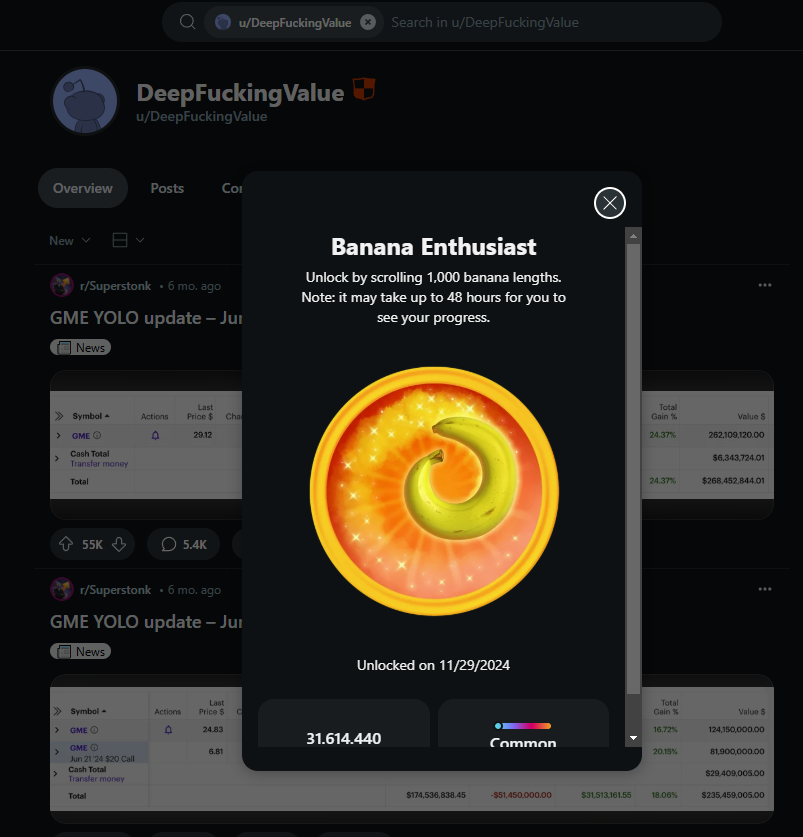 iamrpk's tweet photo. DFV is still active on Reddit, he unlocked the Banana Enthusiast Achievement TODAY
$GME https://t.co/aPnJdERJJy