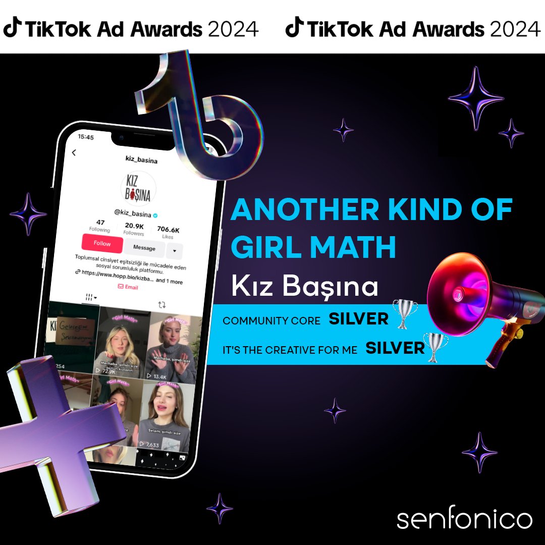 Bu yıl ilk kez düzenlenen TikTok Ad Awards’ta, Kız Başına ile hayata geçirdiğimiz “Another Kind of Girl Math” projemiz 2 Gümüş Ödül’e layık görüldü. Başarıda payı olan tüm ekibimizi tebrik ediyoruz! 💙#GoSenfonico