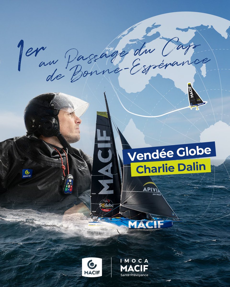 ImocaMacif's tweet image. Premier cap franchi !💪🏼
Après 19j 3h 43min et 2s @CharlieDalin passe le mythique Cap de Bonne-Espérance en tête de la flotte ! 25 % du parcours de fait et le passage de l’Atlantique à l’océan Indien. 🚀Place bientôt aux Quarantièmes Rugissants pour la suite de l’aventure !