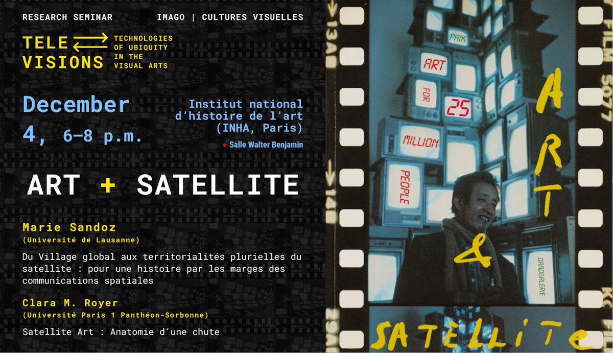 imago_cv's tweet photo. La prochaine séance du séminaire Télé-Visions aura lieu le 4 décembre à 18h ! Nous aurons le plaisir de recevoir Marie Sandoz et Clara M. Royer, autour d’une discussion sur les communications satellitaires et leurs usages artistiques.

https://t.co/Y6JBpOz6uO https://t.co/MtFe8NxszP