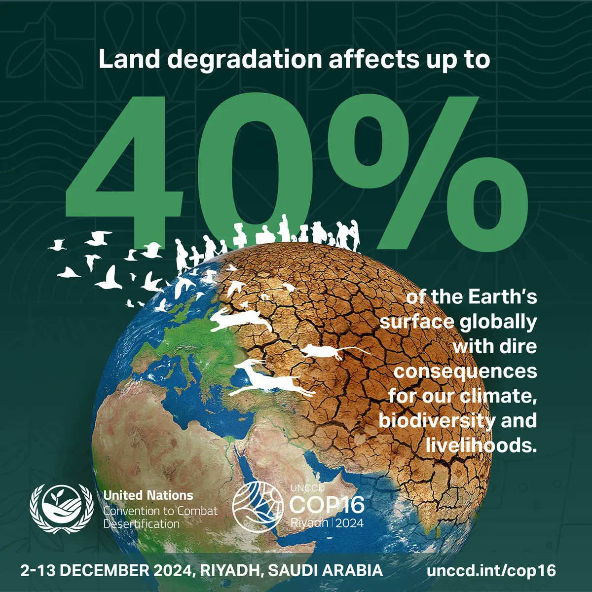 United Nations (@un) on Twitter photo Drought, desertification and land degradation pose growing threats to humanity.
This week, governments, businesses and civil society are uniting at #COP16Riyadh to advance solutions for land restoration and a sustainable future.
More from <a href="/UNCCD/">UN Land and Drought</a>: unccd.int/cop16 Drought, desertification and land degradation pose growing threats to humanity.
This week, governments, businesses and civil society are uniting at #COP16Riyadh to advance solutions for land restoration and a sustainable future.
More from <a href="/UNCCD/">UN Land and Drought</a>: unccd.int/cop16