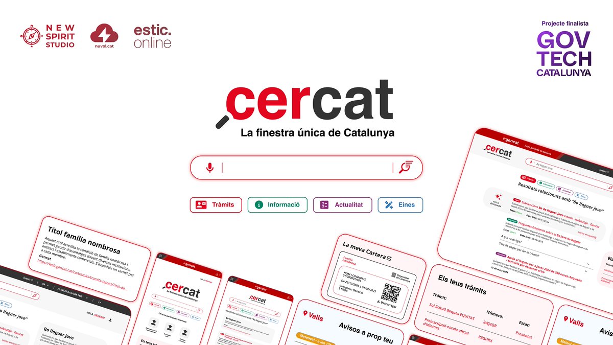 NewSpiritStudio's tweet photo. 🏆🎉 Som finalistes del concurs #GovTechCatalunya!

El projecte #CERCAT, creat amb @nuvolpuntcat i @humbertblanco, és una proposta d’eina que centralitza tota la informació pública de la @gencat en una interfície intel·ligent i accessible per a tots.

🔗 https://t.co/xmc5HfjooL https://t.co/ZxhjHGBngc
