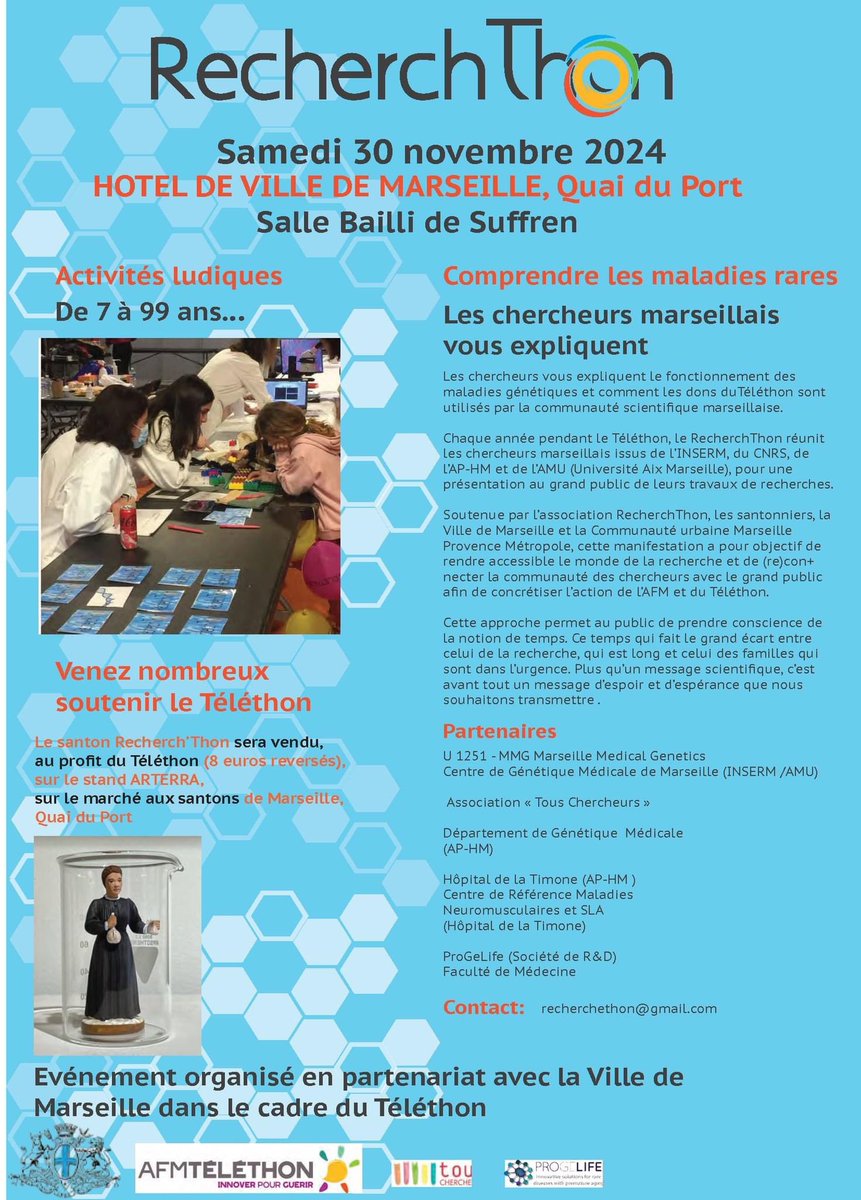 Venez nous retrouver le Samedi 30 Novembre de 10 heures à 17 heures, à la salle Bailly de Suffren, à l'Hôtel de Ville, Quai de la Mairie, pour des activités ludiques et instructives autour de la recherche sur les maladies rares à Marseille.
#recherchthon #maladiesrares #marseille