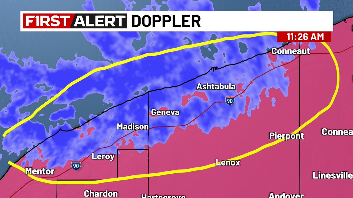 11:26 A.M. RADAR CHECK:  Heavy snow along the I-90 corridor Mentor to Conneaut.  19 News is on CW 43 right now.