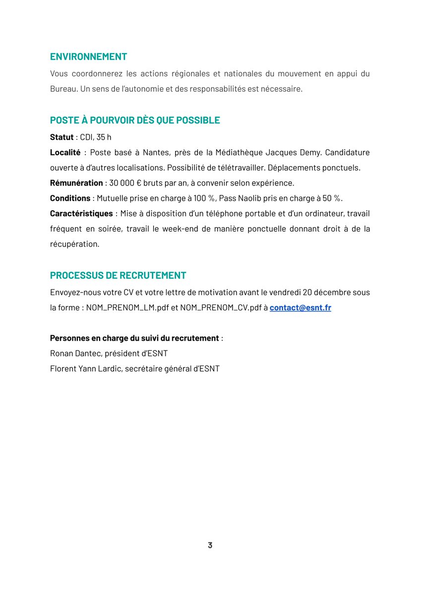 Ensemble Sur Nos Territoires (ESNT) (@ensemblesnt) on Twitter photo RECRUTEMENT 💼
Rejoignez l'équipe d'Ensemble Sur Nos Territoires ! 🌱
📩 Intéressé·e ? Envoyez-nous votre CV et votre lettre de motivation avant le vendredi 20 décembre sous la forme : NOM_PRENOM_LM.pdf et NOM_PRENOM_CV.pdf à contact@esnt.fr
#SocialEcologie #ESNT RECRUTEMENT 💼
Rejoignez l'équipe d'Ensemble Sur Nos Territoires ! 🌱
📩 Intéressé·e ? Envoyez-nous votre CV et votre lettre de motivation avant le vendredi 20 décembre sous la forme : NOM_PRENOM_LM.pdf et NOM_PRENOM_CV.pdf à contact@esnt.fr
#SocialEcologie #ESNT