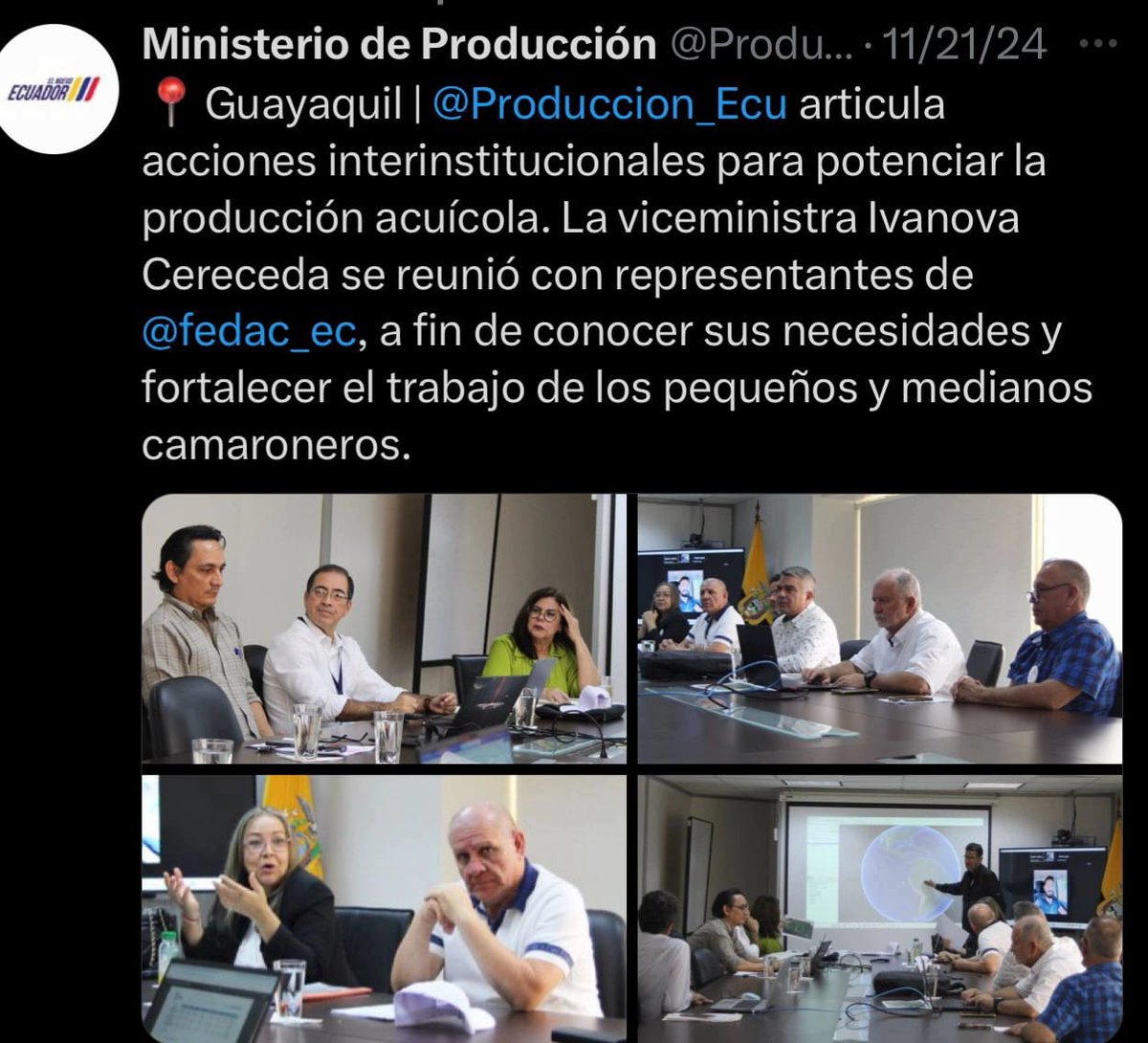 FEDAC gremio Nacional representante de productores camaroneros,que asocia a 11 gremios,de 5 provincias costeras,en reunión con Viceministra de Acuacultura  insiste en cumplimiento de leyes vigentes,en control de laboratorios y de autorizaciones de camaroneras en zonas agrícolas