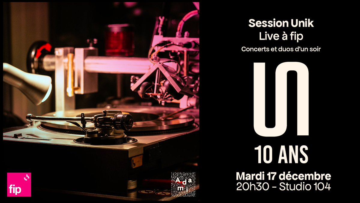 FIP 📻 (@fipradio) on Twitter photo Les #SessionUnik fêtent leur 10 ans avec <a href="/tdepourquery/">Thomas de Pourquery</a> <a href="/yaelnaim/">Yael Naim</a> <a href="/jeanne_added/">jeanne added</a> <a href="/angeliquekidjo/">Angelique Kidjo</a> <a href="/fredpallem/">Fred Pallem</a> <a href="/McSolaarBack/">MC☆SOLAAR</a> <a href="/theliminanas/">The Limiñanas</a> Emily Loiseau, Sophye Soliveau & Gildaa 💗🎂 <a href="/ADAMI_Artistes/">ADAMI - La force des artistes</a>
📍Le 17.12 à la <a href="/maisondelaradio/">Maison de la Radio et de la Musique</a>
🎟️Résa : l.fip.fr/vgt Les #SessionUnik fêtent leur 10 ans avec <a href="/tdepourquery/">Thomas de Pourquery</a> <a href="/yaelnaim/">Yael Naim</a> <a href="/jeanne_added/">jeanne added</a> <a href="/angeliquekidjo/">Angelique Kidjo</a> <a href="/fredpallem/">Fred Pallem</a> <a href="/McSolaarBack/">MC☆SOLAAR</a> <a href="/theliminanas/">The Limiñanas</a> Emily Loiseau, Sophye Soliveau & Gildaa 💗🎂 <a href="/ADAMI_Artistes/">ADAMI - La force des artistes</a>
📍Le 17.12 à la <a href="/maisondelaradio/">Maison de la Radio et de la Musique</a>
🎟️Résa : l.fip.fr/vgt
