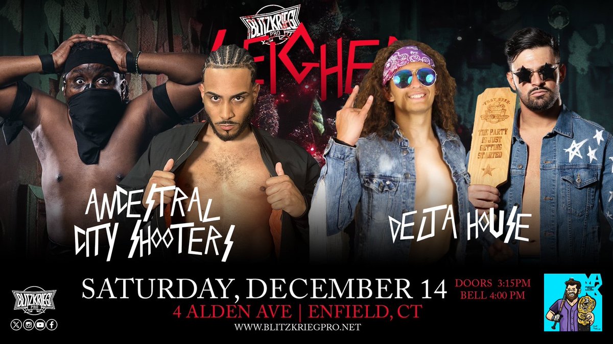 Blitzkrieg_Pro's tweet image. 🎄BREAKING🎄

Ancestral City Shooters
(@TheKwesiAsante &amp;amp; @JosephAgame )
vs
Delta House
(@nejrobles &amp;amp; @dante_drago )

has been added to “SLEIGHER” thanks to @InsideTheMark_ 

Two of the brightest tag teams on the scene today!

🎟: BlitzkriegPro.net
(Front Row SOLD OUT)