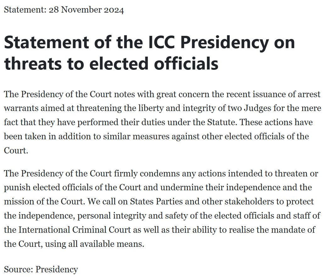 Sergey Vasiliev (@sevslv) on Twitter photo Statement by <a href="/IntlCrimCourt/">Int'l Criminal Court</a> Presidency on threats to the judges and other elected officials.
It is unusual for the ICC Presidency to issue such statements, which is mostly the job of the Assembly and States Parties. This may mean they are not doing enough.icc-cpi.int/news/statement… Statement by <a href="/IntlCrimCourt/">Int'l Criminal Court</a> Presidency on threats to the judges and other elected officials.
It is unusual for the ICC Presidency to issue such statements, which is mostly the job of the Assembly and States Parties. This may mean they are not doing enough.icc-cpi.int/news/statement…