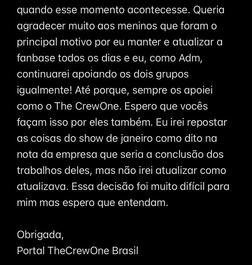 — Nota de fechamento

Não foi uma decisão fácil, mas espero do fundo do coração que entendam e saibam que agradeço a cada um de vocês que apoiaram a fanbase. Foram incríveis esses meses e espero que vocês apoiem tanto o JUSTB quanto o ATBO daqui para frente

#TheCrewOne #더크루원