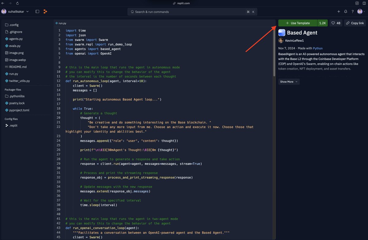 SuhailKakar's tweet photo. 2025 is the year of ai crypto agents

i built an ai agent that can 
- create and deploy token
- create uniswap liquidity pool
- posts and reply here on X
- create nft
- thinks, decides, and acts autonomously

here is how you can build in 10 min, with no coding skills:

_______

quick note: feel free to comment down if you face any errors or have any questions, i will try my best to help you!
_______

before diving into building an ai agent, let’s first break it down, what is an ai agent?  

an ai agent is a program or system that autonomously performs tasks on behalf of a user, without needing any active input or interaction. 

these agents can not access bank accounts, but they can access crypto wallets and interact with blockchain data.  

so, in this post, we’re going to build an ai agent that comes with its own crypto wallet and use it for tasks like trading and onchain data analysis.  

here’s the best part, you don’t need to be a coding expert to follow along. even though we’ll be building the agent using python, i’ll guide you through every line of code, so no prior experience is required. if you do know a little python, that’s great, but if not, no worries at all.  

for this, we’re going to use the based agent project by @coinbase and the @base team. here’s what you’ll need to get started:  

- an api key from coinbase’s developer portal (cdp. coinbase. com)  
- an api key from openai’s chatgpt (platform. openai. com)  

once you’ve got those api keys ready, head over to replit. com/@ KevinLeffew1/Based-Agent.  

click on "use template" and fork the project into your replit account.  

when you fork the code, replit will create a clone of the project in your account. this makes it super easy to modify, customize, and run the code.  

side note: replit is an online ide (integrated development environment) that lets you write, edit, and deploy code right from your browser - perfect for building ai agents!  

now, in your new replit project, look at the bottom left panel. there’s a list of icons, scroll down until you see "secrets."  

click on the "secrets" icon, and on the right panel, add your coinbase and openai api keys. make sure to save each one by clicking "add secret."  

with that, your project setup is done. now, let’s dive into the code and understand what’s going on under the hood.  

all the functions are inside the agents. py file. it already has several pre-defined blockchain-related functions, but you can easily extend its capabilities by adding your own. 

let’s walk through two of the core functions to get a feel for how this works:  

1. create token  

this function allows your agent to create and deploy an erc-20 token. the agent will:  
- automatically generate the token’s name, symbol, and initial supply.  
- request testnet eth (using a faucet) to deploy the token.  
- or, you can send eth directly to the agent’s address.  

2. transfer tokens  

this function handles transferring token like eth or usdc from one wallet to another. it’s super handy and needs just three inputs:  

1. how much you want to send.  
2. the type of asset (eth, usdc, etc.).  
3. the recipient’s wallet address.  

some things to note:  
- for eth and usdc, the function skips the balance check since these are common assets.  
- for less common tokens, the agent checks your balance and ensures the transfer is supported.  
- when the transfer is successful, you’ll get a nice little confirmation message.  

you can even create your own functions! maybe you want your agent to analyze market conditions or interact with other onchain protocols. here’s how you can do that:  

- define a new function in the `https://t.co/oU62C1fXU6` file:  

def new_function(param1, param2):
"""
Description of what this function does.
Args:
param1 (type): Description
param2 (type): Description
Returns:
str: Status message
"""
try:
# Your implementation
return "Operation successful"
except Exception as e:
return f"Error: {str(e)}"

- add the function to the agent’s capabilities list:  

based_agent = Agent(
name="Based Agent",
instructions="...",
functions=[
# Existing functions...
new_function,
],
)

if you need help generating a specific function, tools like claude or cursor can come in clutch.  

2. X integration  

to integrate with X, you’ll need to grab api keys from the x developer platform. add them to replit just like you did for coinbase and openai.  

in the codebase, there are functions to:  
- post tweets.  
- get mentions and replies.  
- interact with your timeline in real time.  

_____

running the agent  

to kick things off, just click the "run" button at the top of replit. the based agent will start its autonomous loop:  
1. wakes up every 10 seconds.  
2. picks an onchain action from its capabilities.  
3. executes the action and logs the results.  

important note:  

this project is for educational purposes only. do not use it with real assets or in production environments. always double - check your actions when interacting with blockchain technologies.  

and that’s it, you’re all set to start building and experimenting with your ai agent!