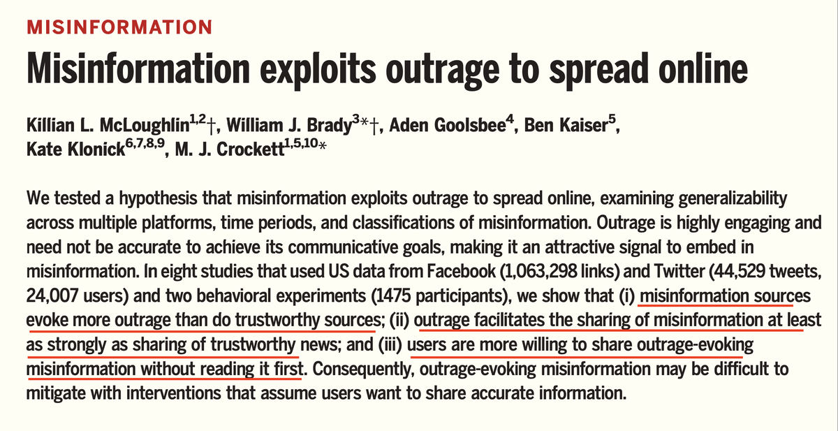 CaulfieldTim's tweet image. Rage &amp;amp; lies win. Sigh.

Study: Misinformation exploits outrage to spread online science.org/doi/10.1126/sc…

- "misinformation sources evoke more outrage than do trustworthy sources"
- outrage facilitates spread of misinformation
- "users are more willing to share outrage-evoking…