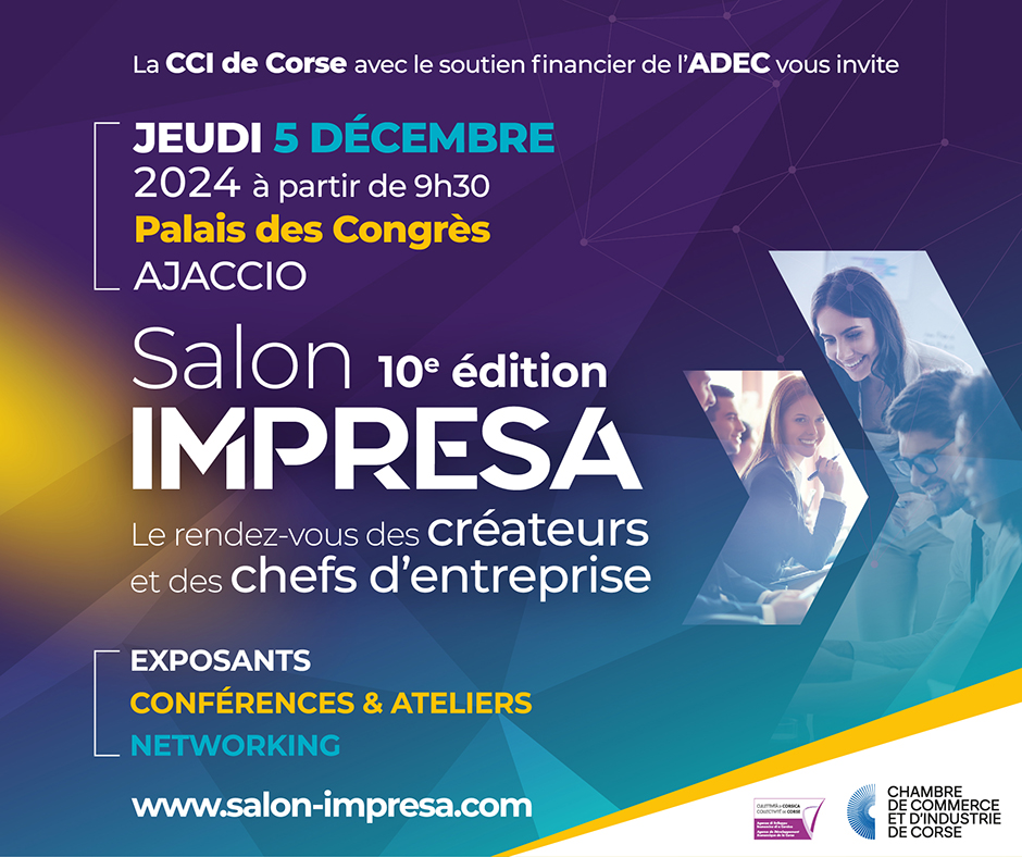 🔔 Plus que quelques jours avant le Salon Impresa ! Découvrez toutes les ressources pour les entrepreneurs corses au Palais des Congrès d’Ajaccio. 
Inscrivez-vous ici 👉 salon-impresa.com 
#SalonImpresa2024 #10ans #Entrepreneuriat