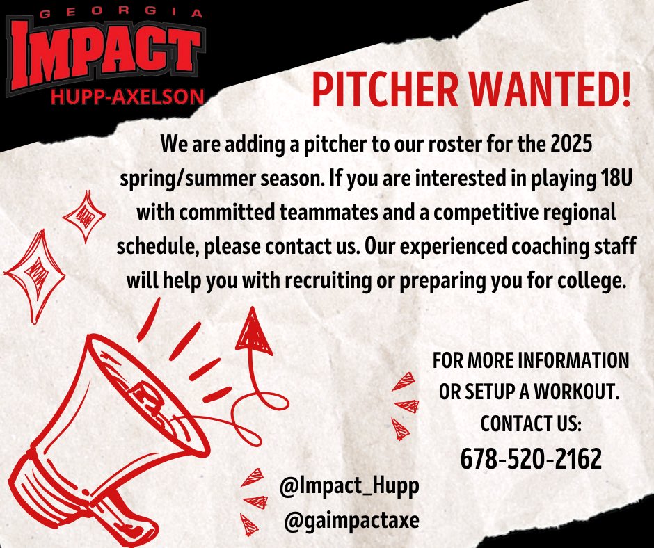 GA Impact Hupp-Axelson (@gaimpactaxe) on Twitter photo After a great fall season we are looking to add a pitcher to round out our staff for 2025! If you are looking for a new opportunity and think you might be the right fit let’s talk. <a href="/Impact_Hupp/">Georgia Impact Hupp-Axelson</a> <a href="/GeorgiaImpactFP/">Georgia Impact Fastpitch Organization</a> After a great fall season we are looking to add a pitcher to round out our staff for 2025! If you are looking for a new opportunity and think you might be the right fit let’s talk. <a href="/Impact_Hupp/">Georgia Impact Hupp-Axelson</a> <a href="/GeorgiaImpactFP/">Georgia Impact Fastpitch Organization</a>