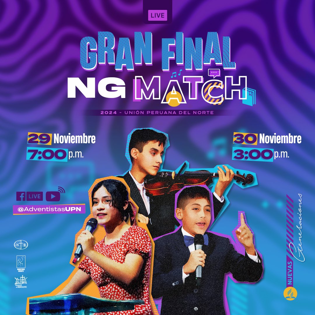 🔥 ¡Llegó la Gran Final #NGMatch! 😍🎉 Prepárate para vivir momentos de adoración e inspiración con los finalistas de: 📖Bueno con la Biblia; 📱Influencer de la Verdad; y 🎶Worship Music. ¡Será una final increíble! ✨

🗓️HOY | 19:00
🗓️MAÑANA | 15:00
🔴En vivo por <a href="/AdventistasUPN/">Adventistas - Perú</a>