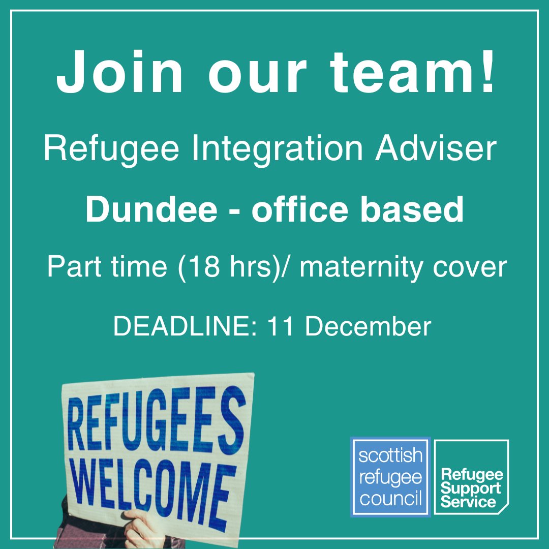 🚨 Recruitment alert! We’re looking for a part time Refugee Integration Adviser to join our Dundee team to cover maternity leave. 

Interested?  The deadline for applications is 9am on Monday 11 December.