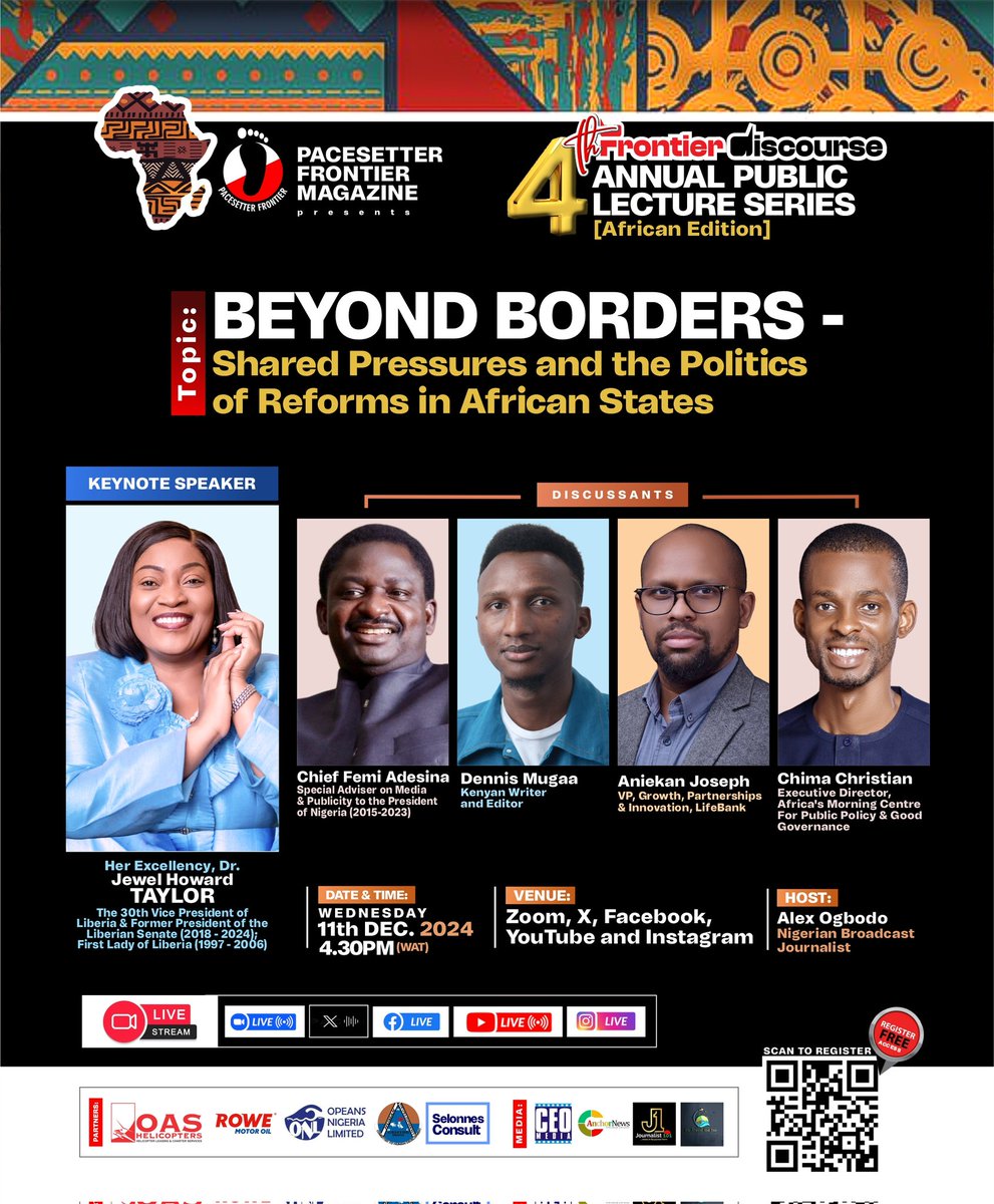 pacefrontier's tweet photo. @pacefrontier to host Ex-Liberia VP, @JewelHTaylorOff, @FemAdesina &amp; Others at virtual 4th Frontier Discourse Public Lecture on Wed., Dec. 11, 2024 by 4.30PM via all social media platforms. See flyer for other details. Register via: https://t.co/vgpFluayUT or scan the QR code https://t.co/EzeKhv3nu6