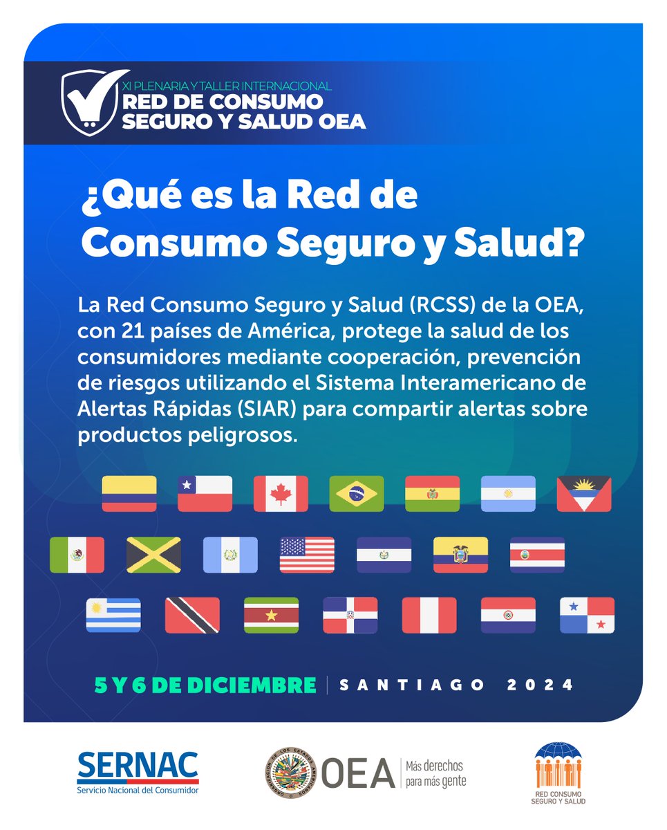 rcss_oea's tweet photo. 🇨🇱✨ XI Reunión de la Red de Consumo Seguro y Salud y Taller Internacional de Seguridad de Productos

🌟 ¡Chile asume la presidencia de la Red de la OEA!
Te invitamos al Taller Internacional, el 5-6 diciembre, para hablar de productos seguros y de calidad

📢¡No te lo pierdas! https://t.co/MoIQ8LzCCl