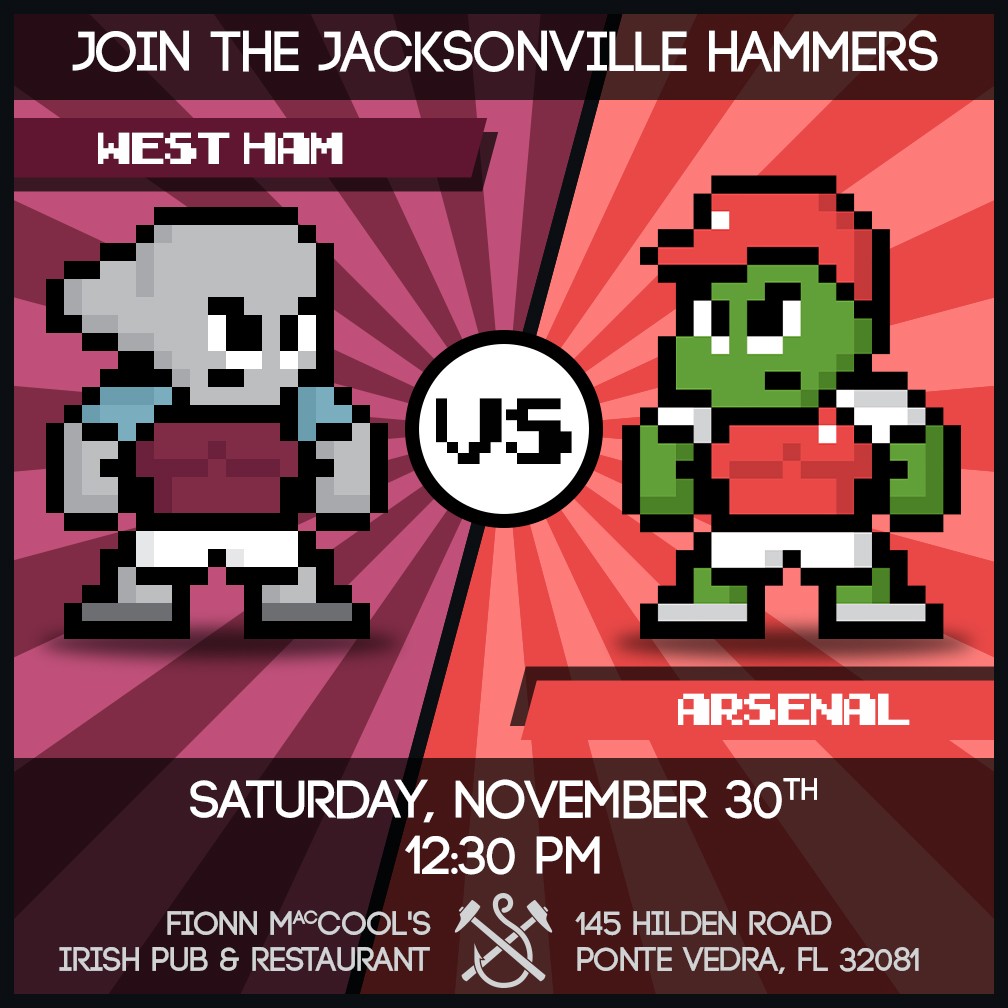 jax_hammers's tweet photo. Join us down at Fionn MacCools this Saturday to shake off the holiday hangover and watch @WestHam take on @Arsenal.  Kick-off is at 12:30!  Be there or be 🔳. https://t.co/TOjIcJbvLN