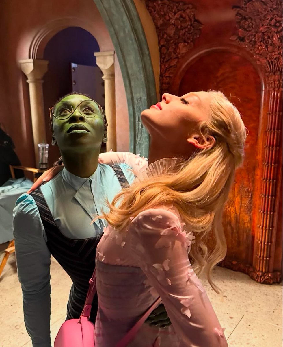 FilmUpdates's tweet image. Cynthia Erivo and Ariana Grande on the set of ‘WICKED’ 📸